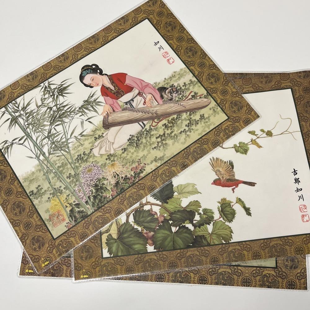 Vintage Asian Art Handpainted Watercolors Paper On Silk Double Sided Set Of Four